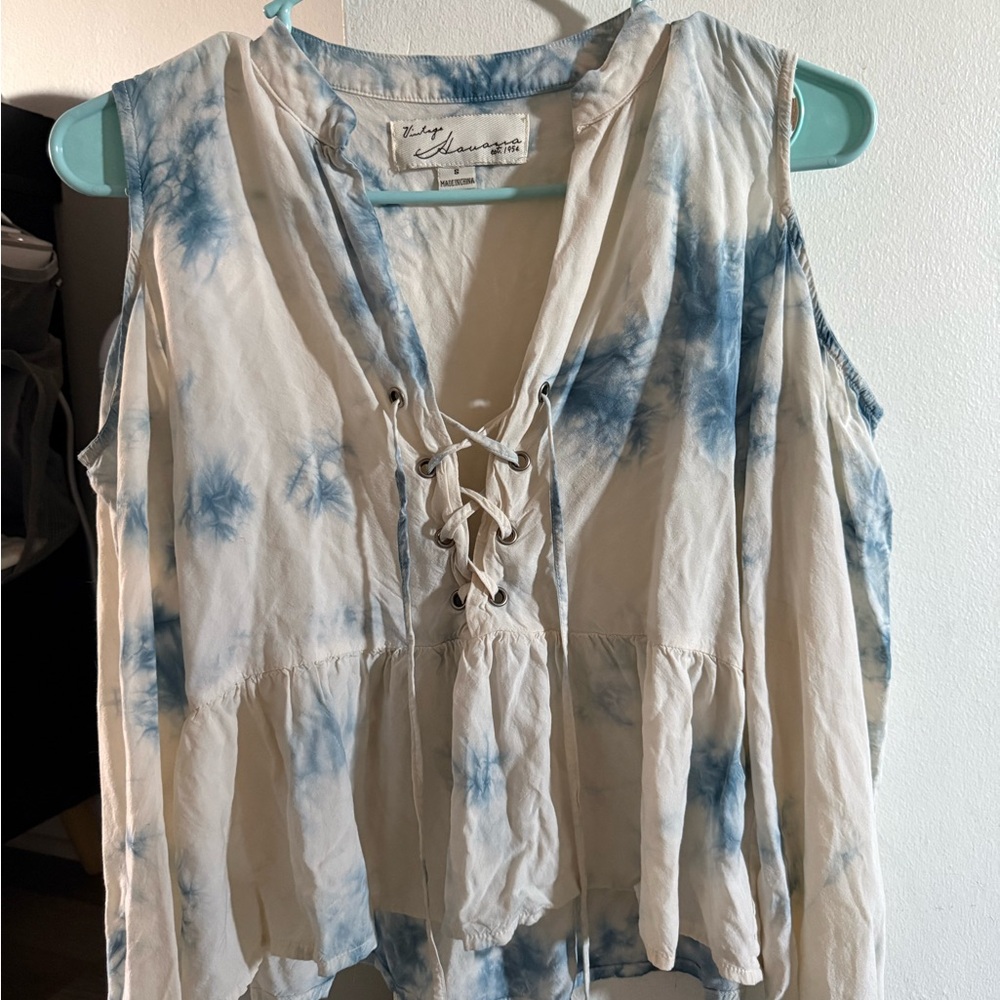 Vintage Blue and White Lace-Up Blouse